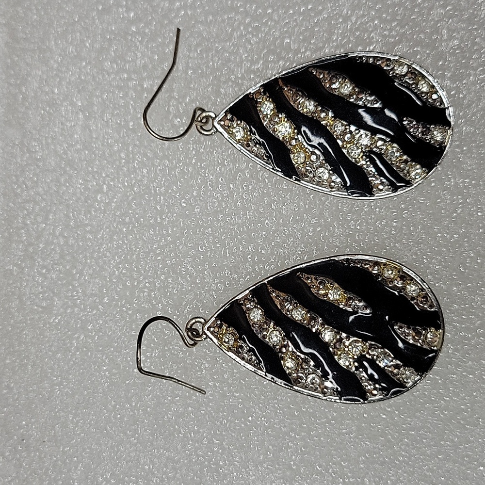 Black Enamel Rhinestone Silver Teardrop Dangle Earrings